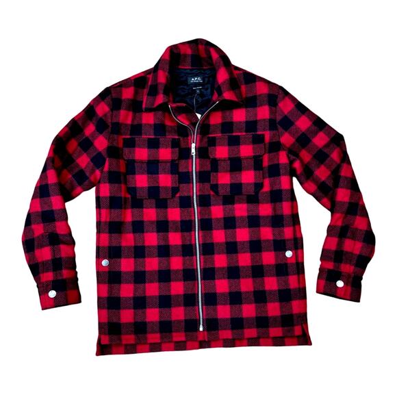 NWT A.P.C. Ian Buffalo Plaid Red/Black Wool Blouson Zippered Jacket Shacket - Picture 1 of 8